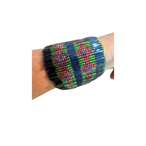 Beaded woven beaded  cuff bracelet blue red green 2" wide handmade boho - Picture 3 of 5